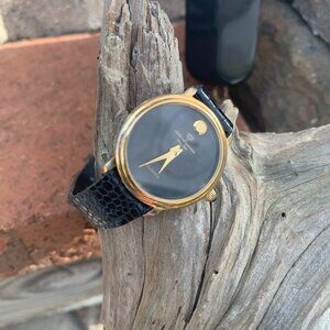 Jules Jurgensen 6561 Classic 80s Women's Gold Tone Round Black Leather Watch